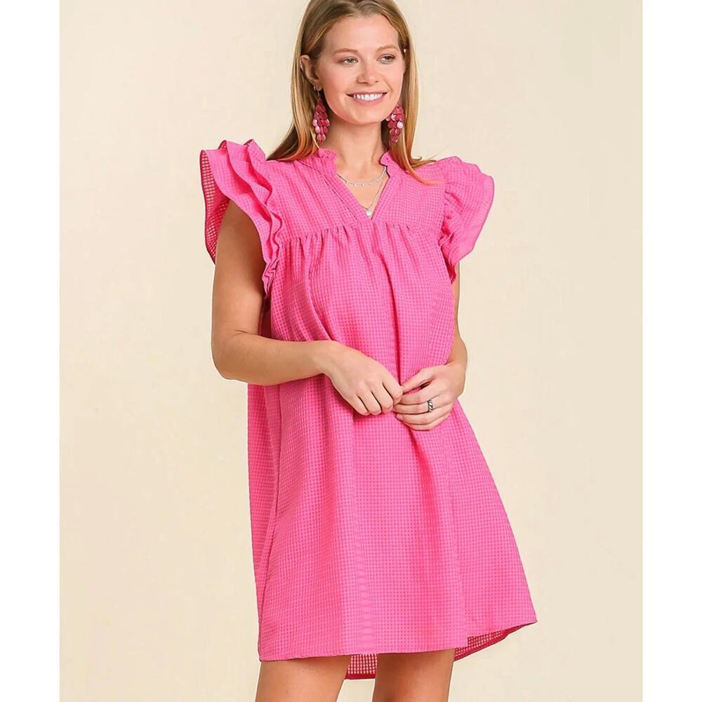 Umgee Pink Textured Babydoll Mini Dress Large Ruffle Cap Sleeves Flowy Boho NWT